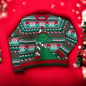 Mens 3D Dinosaur Pom Pom Ugly Christmas Knit Sweater 33 Degrees